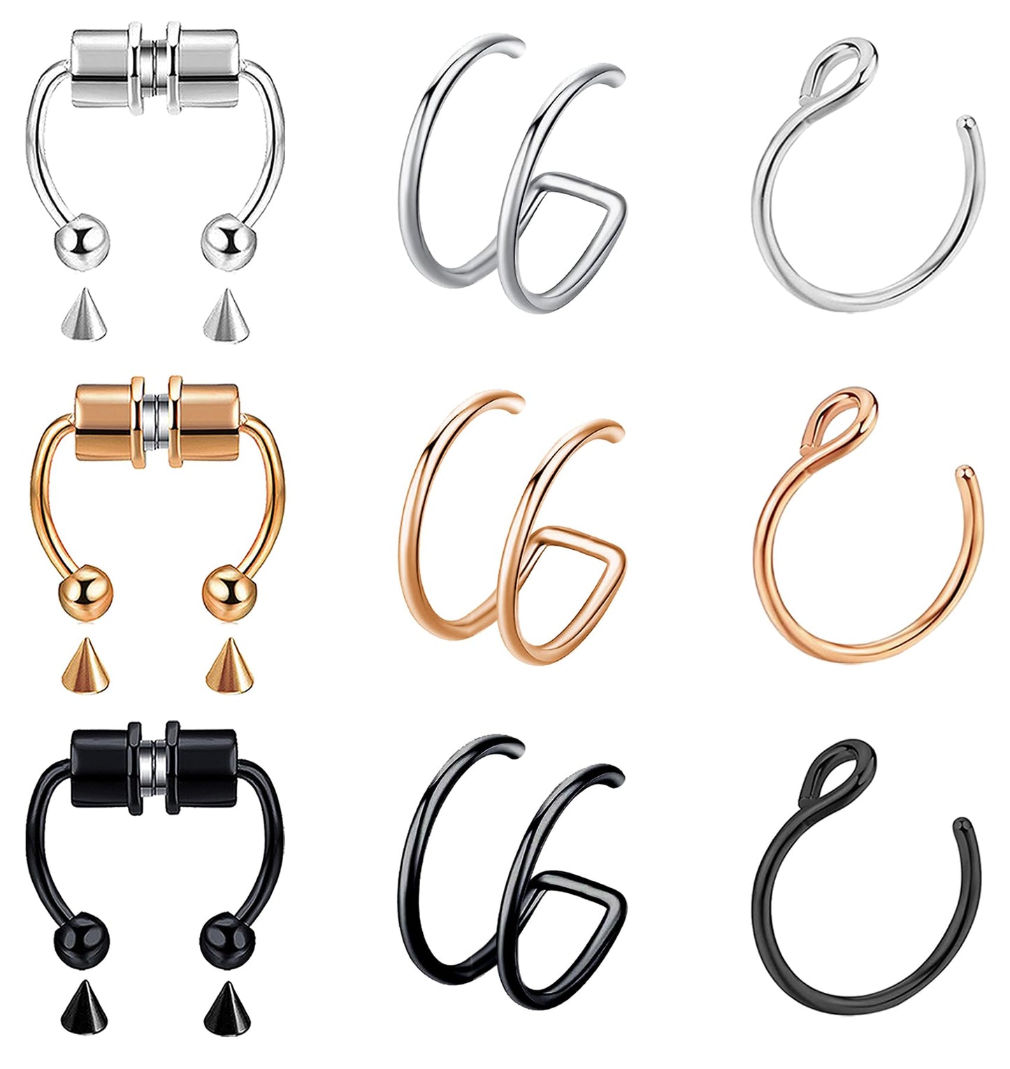 VitaCool Fake Septum Fake Nose Rings Magnetic Nose Ring Faux Septum Ring Non Piercing Jewelry for Women Men (9 Pcs-T02-Magnet)