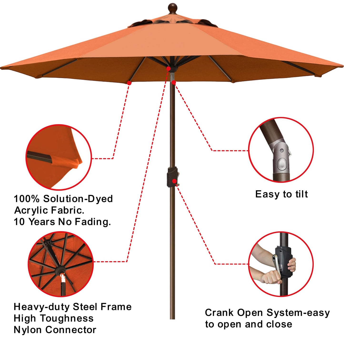 EliteShade USA 10-Year-Non-Fading 9Ft Market Patio Umbrella, UPF 50+ UV Protection Performance Sun Umbrella, Heavy Duty Commercial Grade Outdoor Table Umbrella with Crank & Tilt, Windproof Vented Top for Garden, Pool, Deck and Outdoor Playsets, Rust
