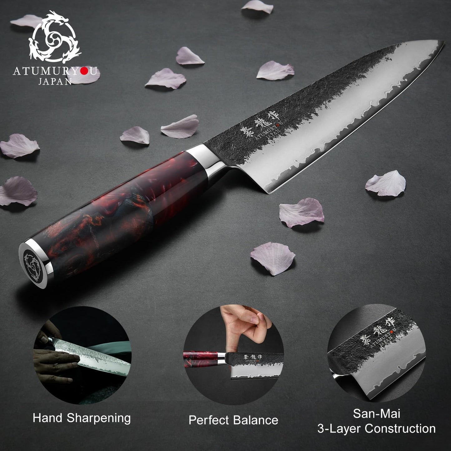 Japanese Chef Knife, 8 Inch Hand Forged Kitchen Knives with VG10 Core, Professional Gyuto Knife for Home & Restaurant, Sanmai Chefs Knives with Ergonomic Red Handle, Cooking Gifts for Men Women