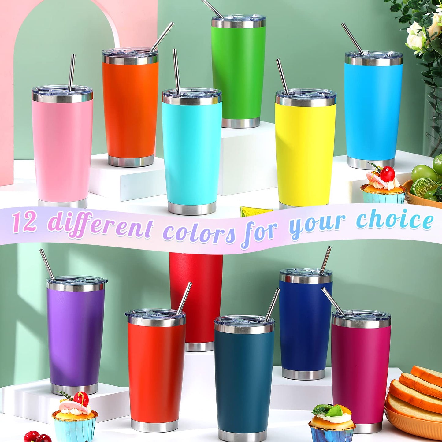 Sieral 25 Pack 20oz Tumbler Bulk Stainless Steel Cups Double Wall Vacuum Insulated Travel Mug Bulk Durable Tumblers with Lid and Straw Powder Coated Coffee Cups (Stylish Color)