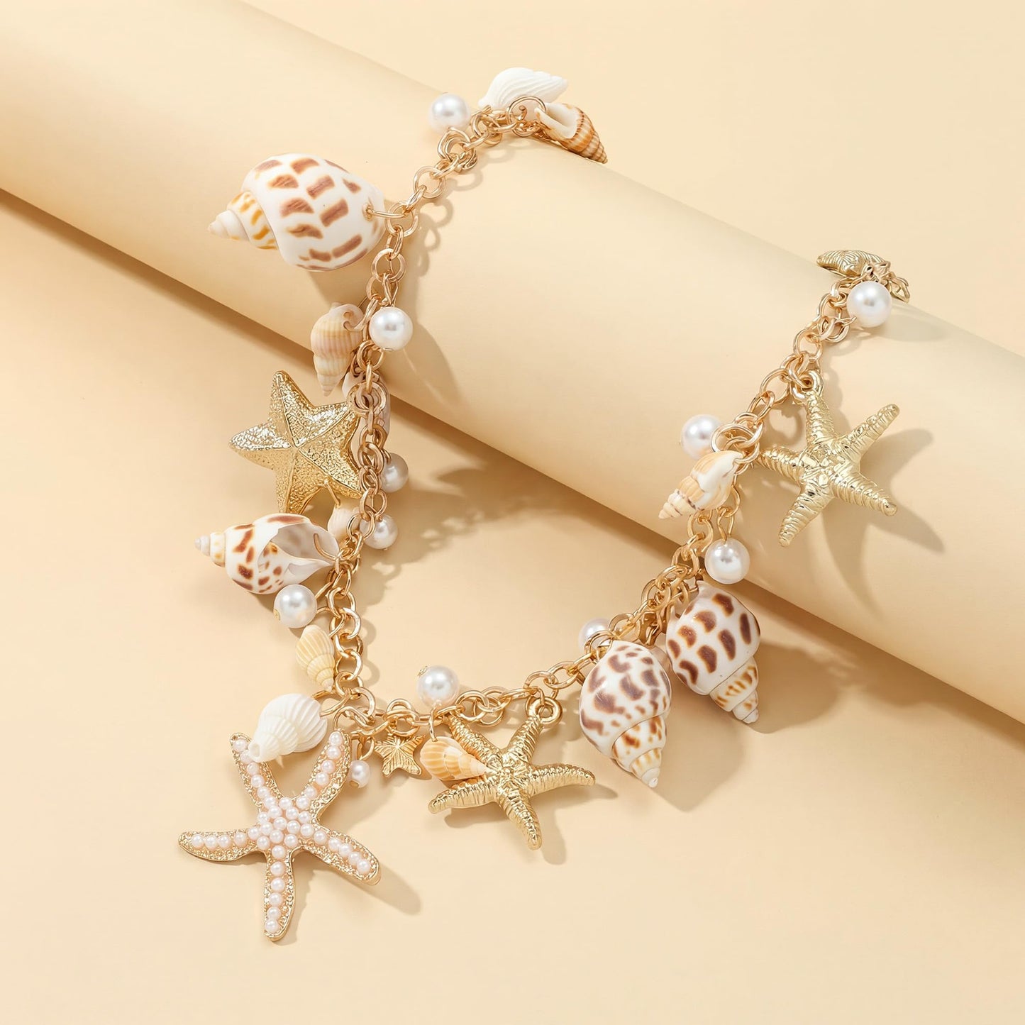Shell Starfish Necklace for Women, Gold Plated Boho Layered Pendant Necklace with Pearl Conch Charm, Dainty Coastal Summer Beach Vacation Jewelry Gifts(Conch Starfish)