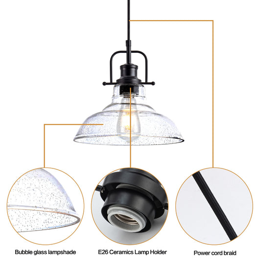 Zlepmlla Glass Pendant Light，Black Pendant Light Fixtures with Seeded Glass Shade, Adjustable Height Hanging Lights for Hallway, Kitchen Island, Dinning Room（Bulb not Included）