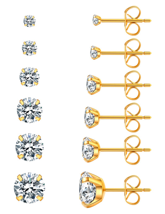 6 Pairs Stud Earrings Hypoallergenic Cubic Zirconia 316L Earrings Stainless Steel CZ Earrings Set 3-8mm (gold)