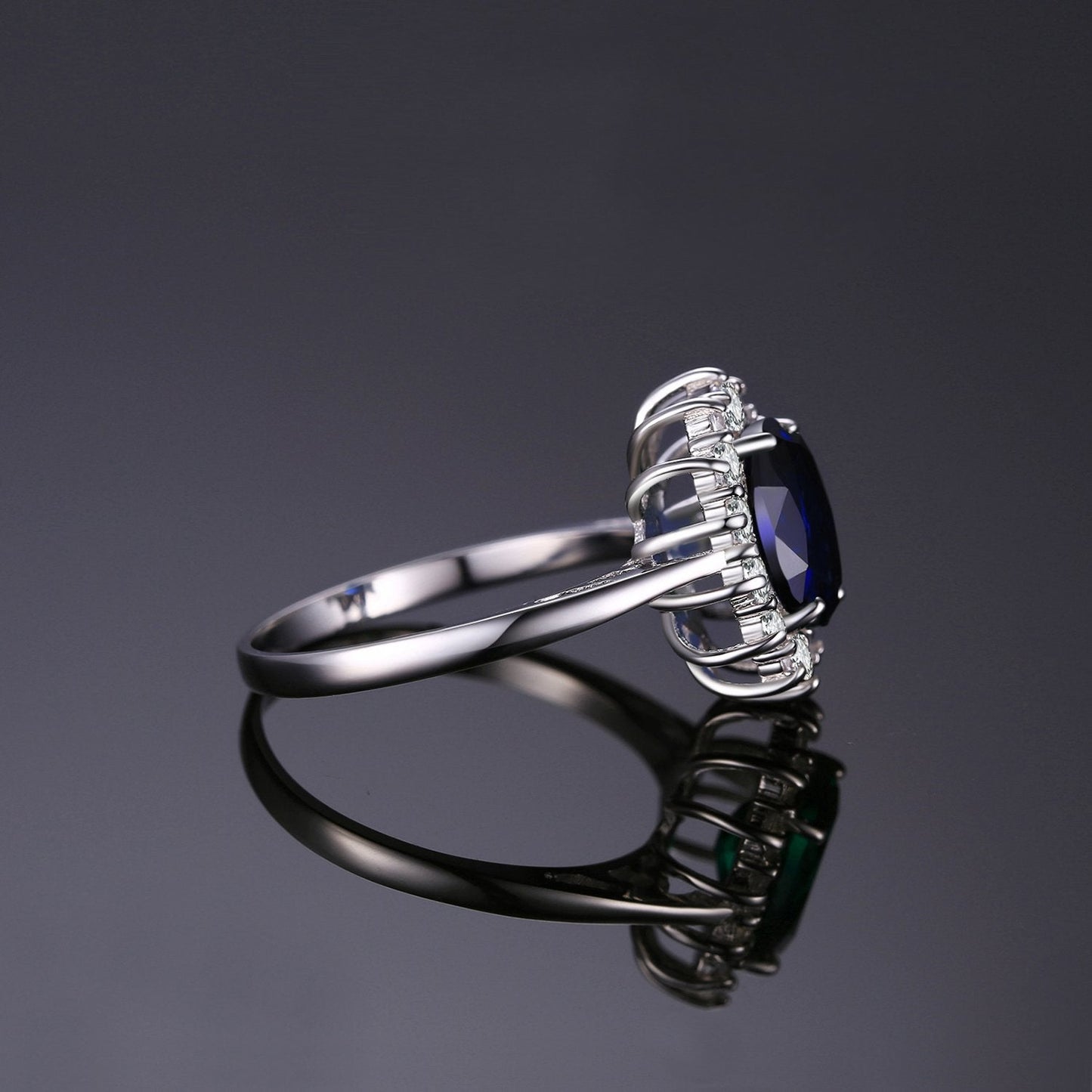 JewelryPalace Princess Diana Kate Middleton Class Gemstone Birthstone Royal Blue Created Spinel Halo Statement Engagement Rings for Women, Anniversary 14K White Gold Plated Promise Rings for Her 10.5