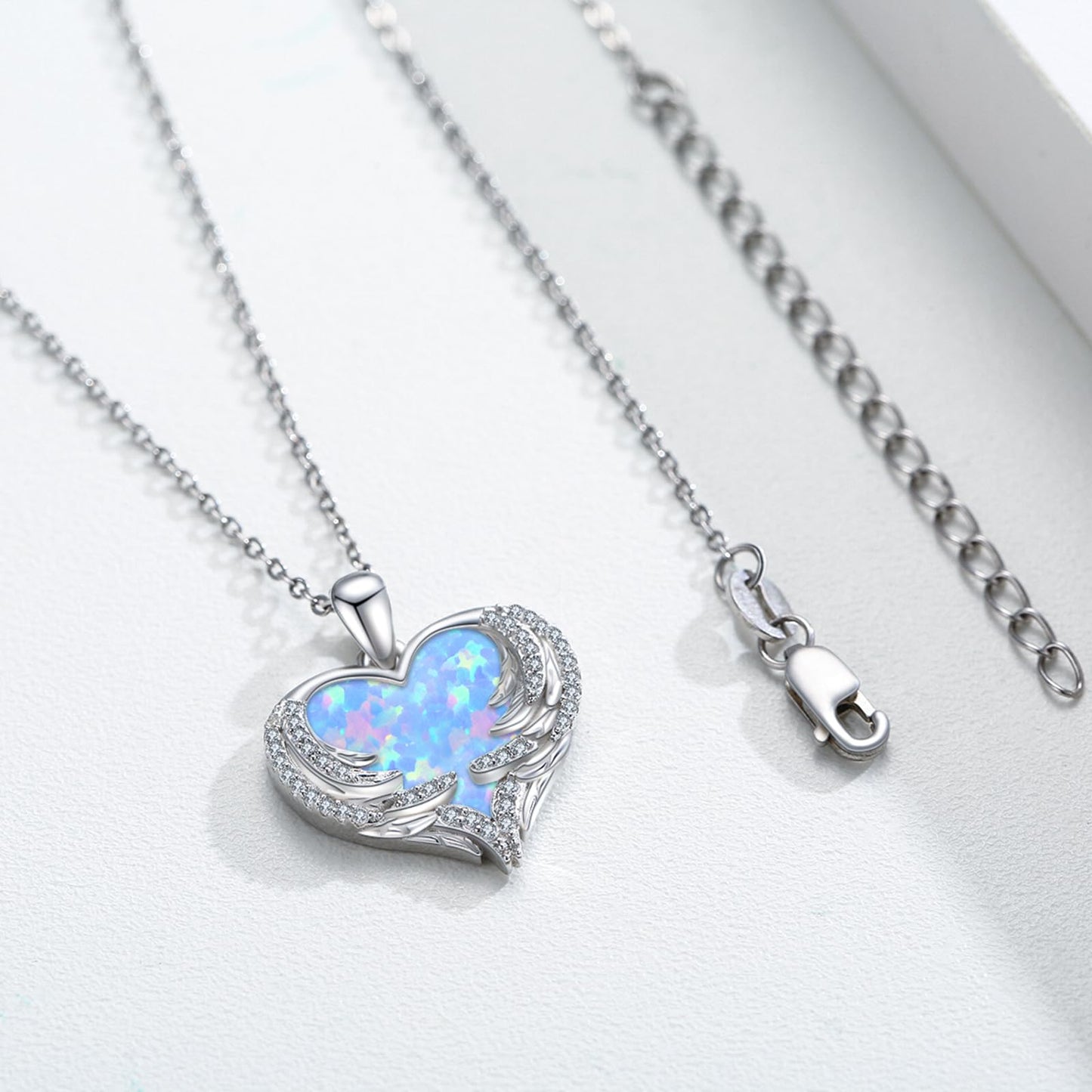 CUOKA MIRACLE Angel Wings Necklace Blue Opal Heart Necklace 925 Sterling Silver Necklace for Women Guardian Angel Wings Pendant Necklace Dainty Opal Jewelry for Women Mom Birthday Gifts