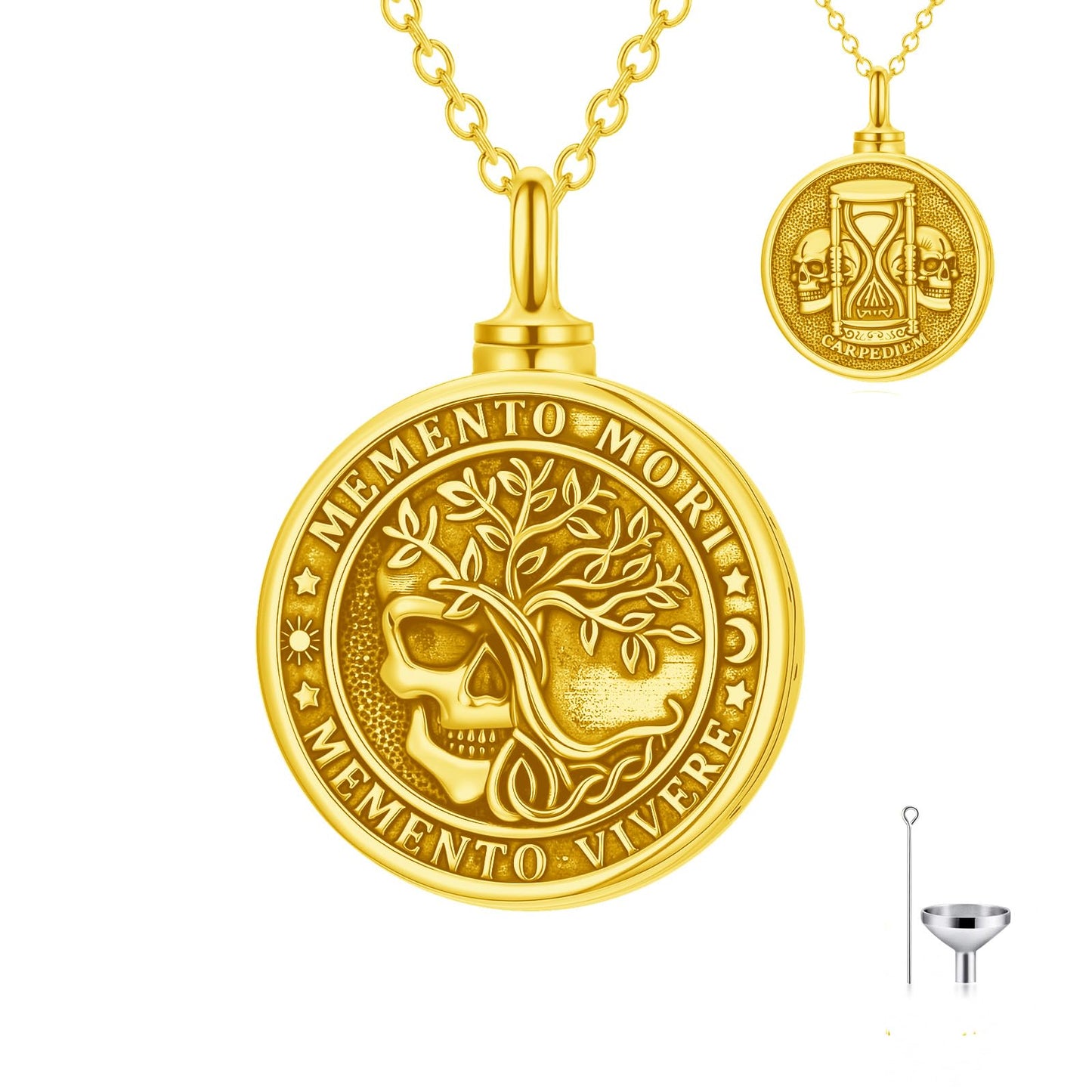 Memento Mori Gold Skull Urn Necklace for Ashes Gothic Tree of Life Hourglass Cremation Memorial Jewelry Amulet Protection Necklace Gift for Men Women Him Her