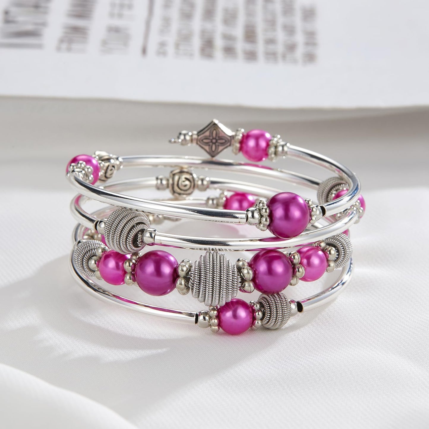PEARL&CLUB Beaded Chakra Bangle Turquoise Bracelet - Fashion Jewelry Wrap Bracelet with Thick Silver Metal and Mala Beads, Birthday Gifts For Women(Fuchsia)