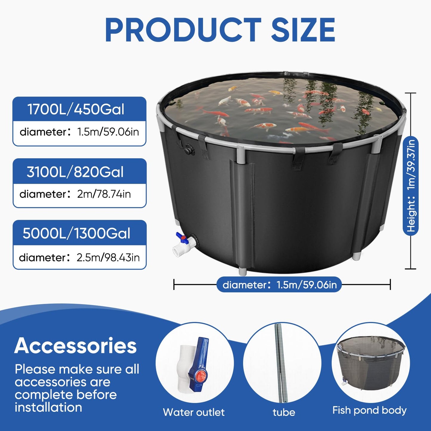 Canvas Fish Pond, 450 Gallon Capacity Koi Pond, Foldable PVC Outdoor Fish Tank, Round Goldfish Bowl, Above Ground Pond with Stabilizing Frame and Drain Valve for Koi Farming, Aquaculture