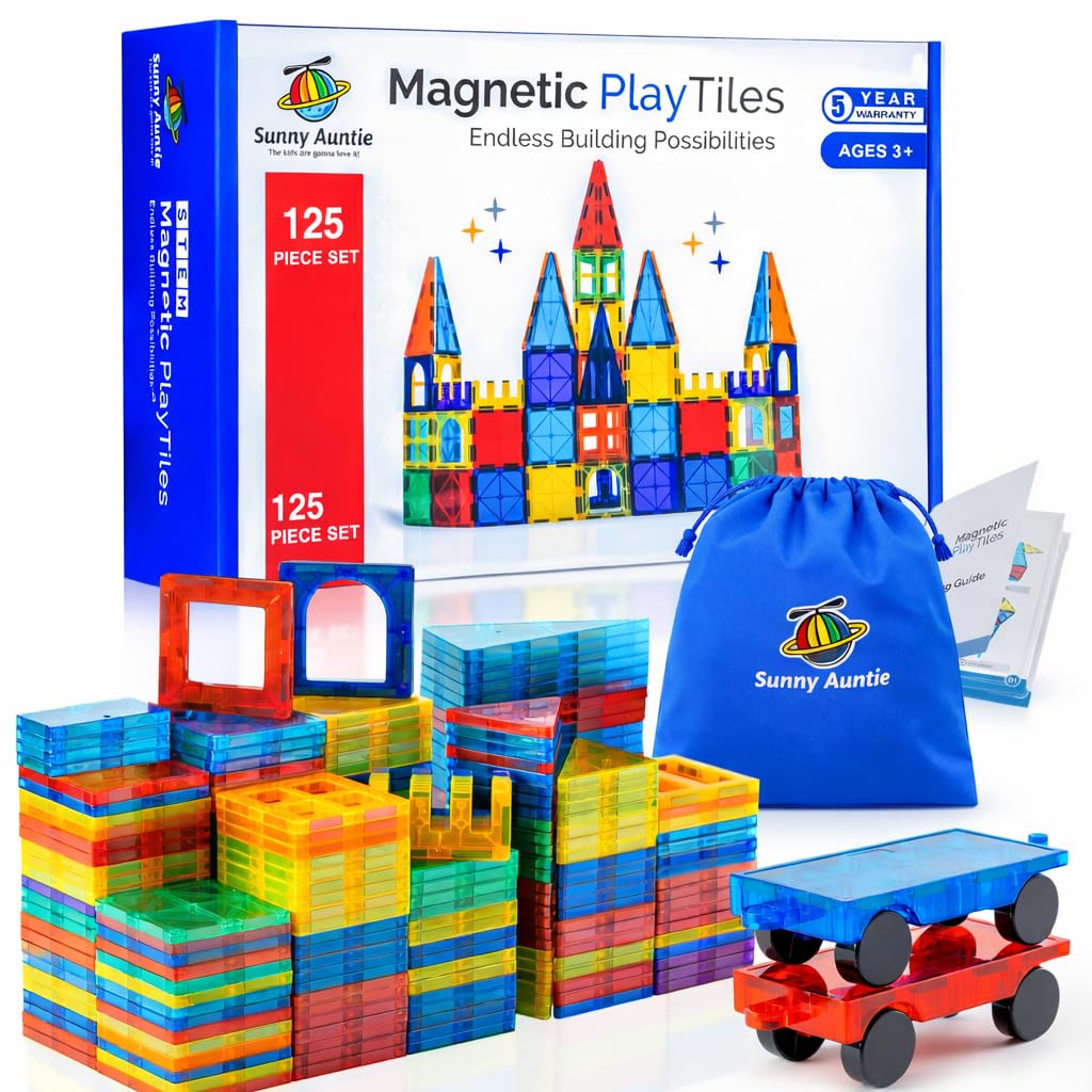 SUNNY AUNTIE Magnetic Tiles 125 PCS XL Set with Storage Bag – Magnetic Building Tiles for Kids Ages 3-8, STEM Magnet Construction Toy for Boys & Girls