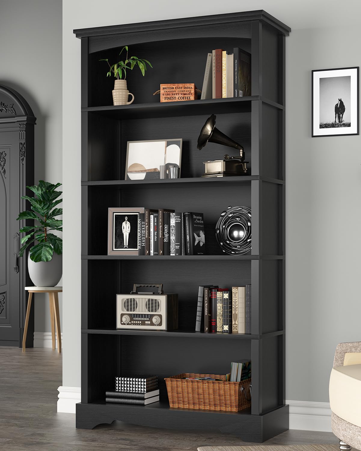 TVU 5-Tier Wooden Bookshelf, 65 Inch Tall Bookshelf with Storage, Floor Standing Modern Style Display Bookcase for Living Room, Office, Study Room, Entryway, Black