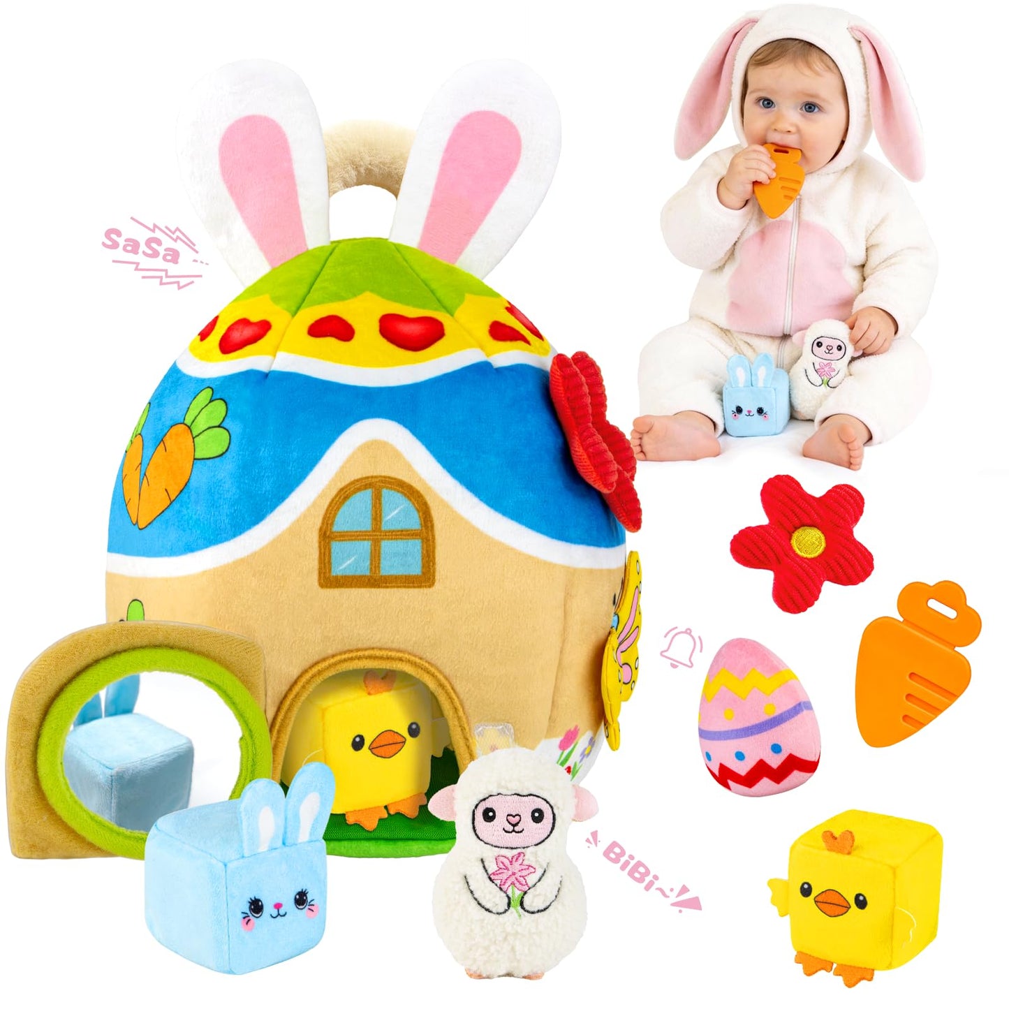 Baby Toys 6-12-18 Months - My First Plush Bunny Burrow with Stuffed Animals, Rattle, Crinkle, Teether, Montessori Sensory Toys for Babies Toddlers 1-3, Baby Easter Basket Stuffers for Boys Girls Gifts