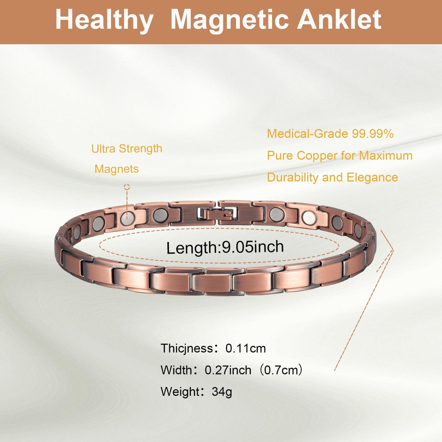 EnerMagiX Copper Ankle Bracelets for Women for Arthritis, 9.44inch Pure Copper Magnetic Anklet, with 3500 Gauss Magnets, Copper Jewelry Gifts