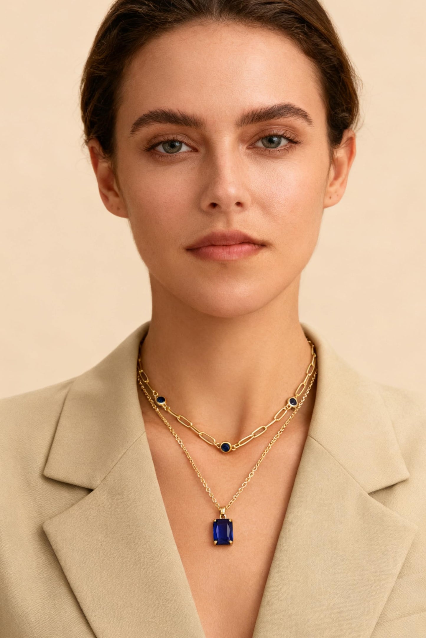 VANGETIMI Blue and Gold Layered Pendant Necklaces for Women 14k Gold Plated Crystal Choker Necklace Paperclip Rhinestone Necklace Party Prom Jewelry
