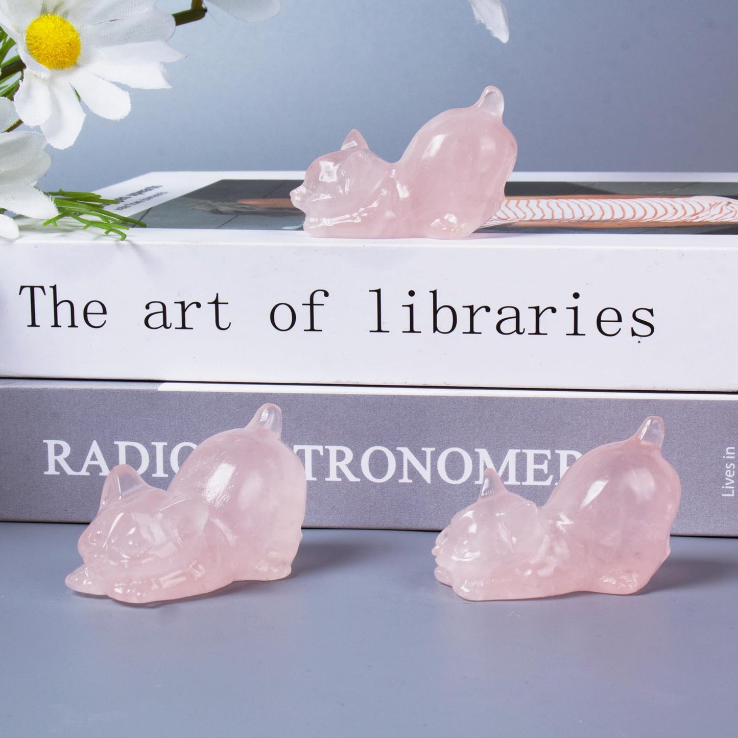 Rose Quartz Crystal Cat Figurines, 2 Inch Pink Kitten Statues for Kitten Lovers and Collectibles, Cat Decor Fingurines for Home Desk Office, Carved Healing Crystal Reiki Animal Gifts for Women