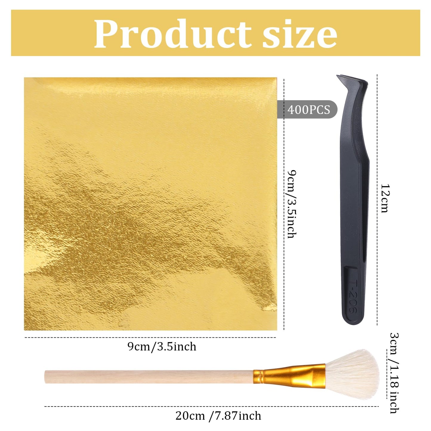 Maitys 400 Pcs Imitation Gold Leaf Sheet, for Art Silver Foil Sheet Set with Brush and Nipper for Painting Gilding Picture Frame Sculpture DIY Craft Decoration Furniture, 3.5 x 3.5 Inches(Golden)
