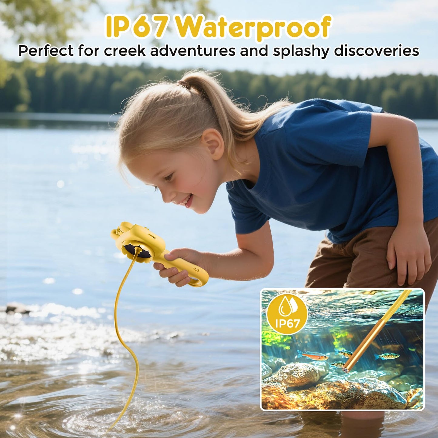 Toy Borescope Camera with Ligh for Kids - Ourdoor Educational STEM Toy Gift for 4 5 6 7 8 9 10 Years Old Boys Girls Birthday, Kids Toy Camera for Outdoor Adventures & Nature Discovery (Yellow)