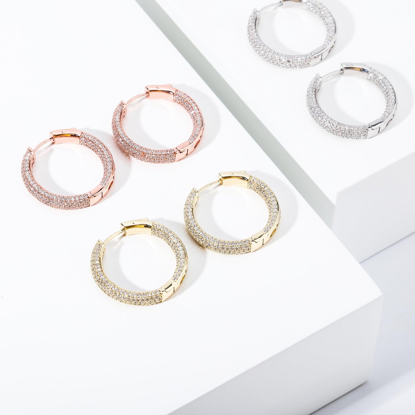TOPGRILLZ Iced Out Hoop Earrings Cubic Zirconia Huggie Cartilage Cuff Hypoallergenic 14K Gold Plated Luxury Fashion Round Circle Earrings For Women-29mmSilver
