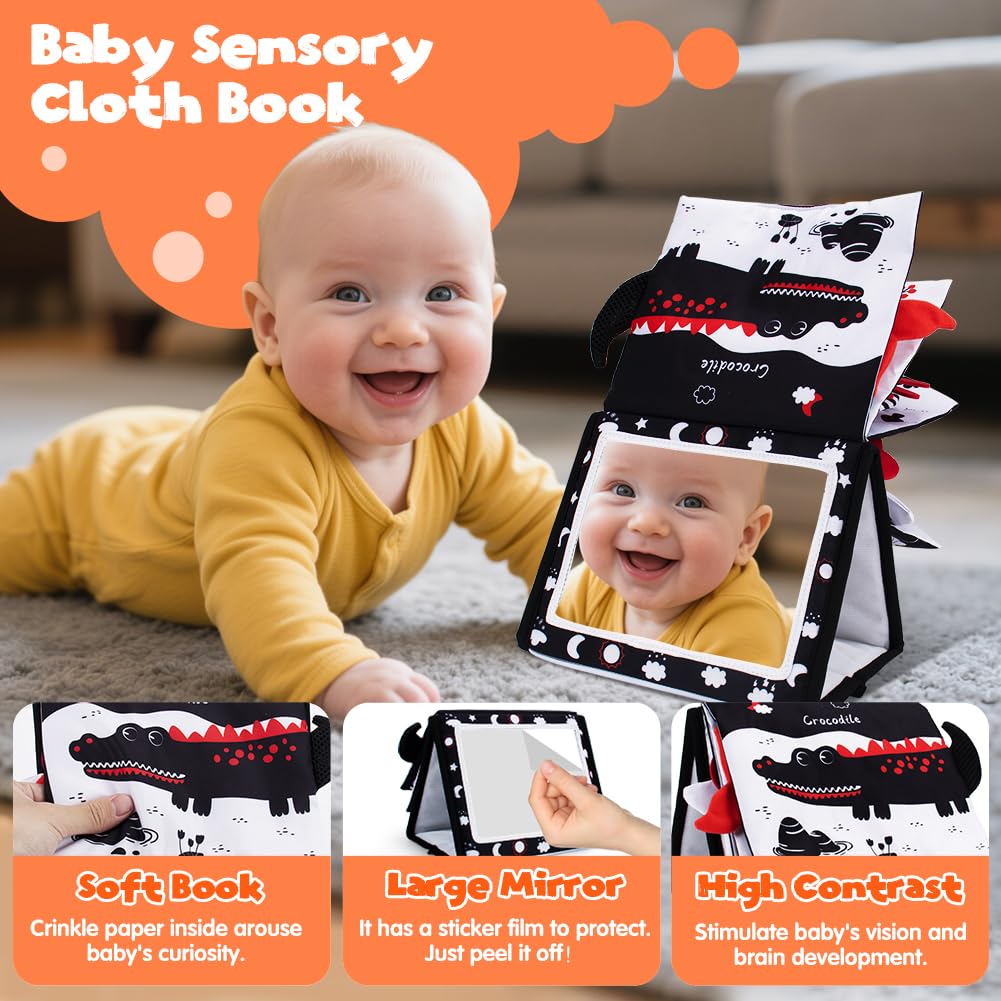 Yohome Black and White Baby Books for Newborn, Tummy Time Mirror, Baby Mirror Infant Toys with Soft Cloth Book, High Contrast Baby Toys, 3D Activity Crinkle Pages Sensory Tummy Time Toys for Babies