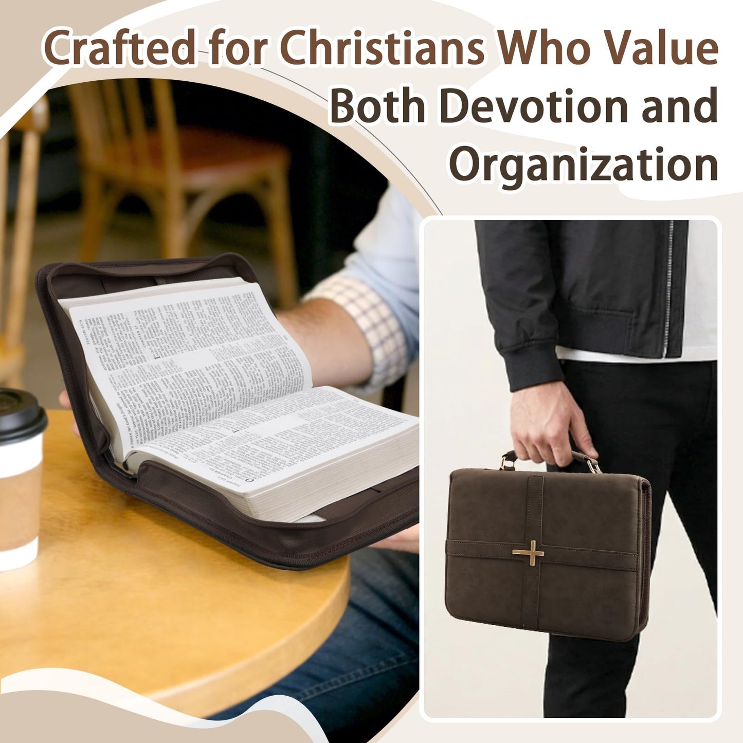 Classic Leather Bible Cover Case with Cross Design and Handle for Men Women, Durable Bible Study Supplies Organizer Carrying Bag, Perfect Christmas Gifts for Christians with Gift Box（Dark Brown