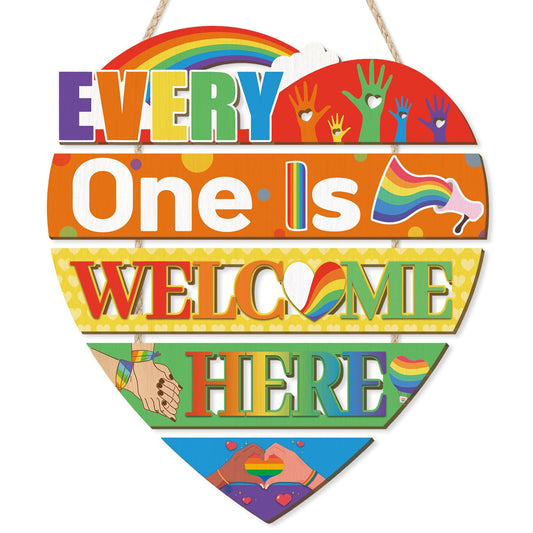 HOURIA Everyone is Welcome Here Pride Wood Sign(11.4"x11.7"),LGBTQ Rainbow Sign Front Door Decoration,Heart-Shaped Layers Wooden Plaques Colorful Welcome Wall Decor for Classroom Office Home