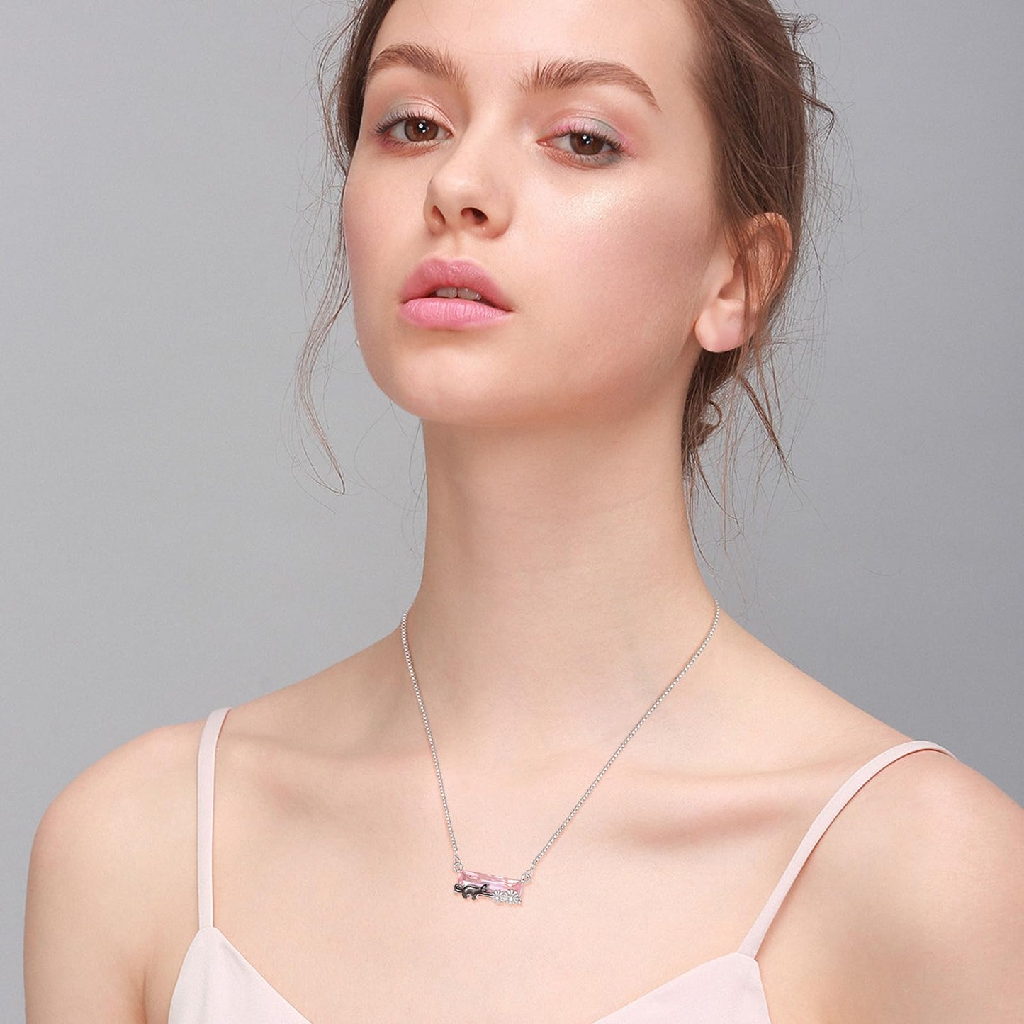 AENEAS Black Cat Necklace Sterling Silver Cute Animal Pendant Pink Crystal Birthday Jewelry Pet Daisy Gifts for Women Wife Her