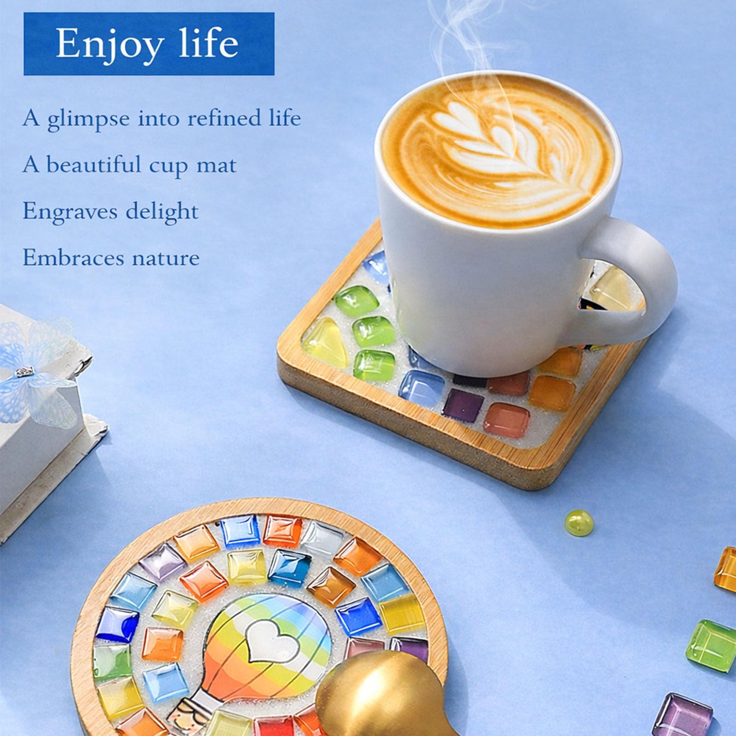 GHAHILI 3 Sets DIY Glass Mosaic Tiles for Crafts with Wooden Coasters - Graduation Birthday Gifts Mosaic Kits for Adults Women Mosaic Art Kits Craft Handmade Making Kit Set Decorations for Home Gift