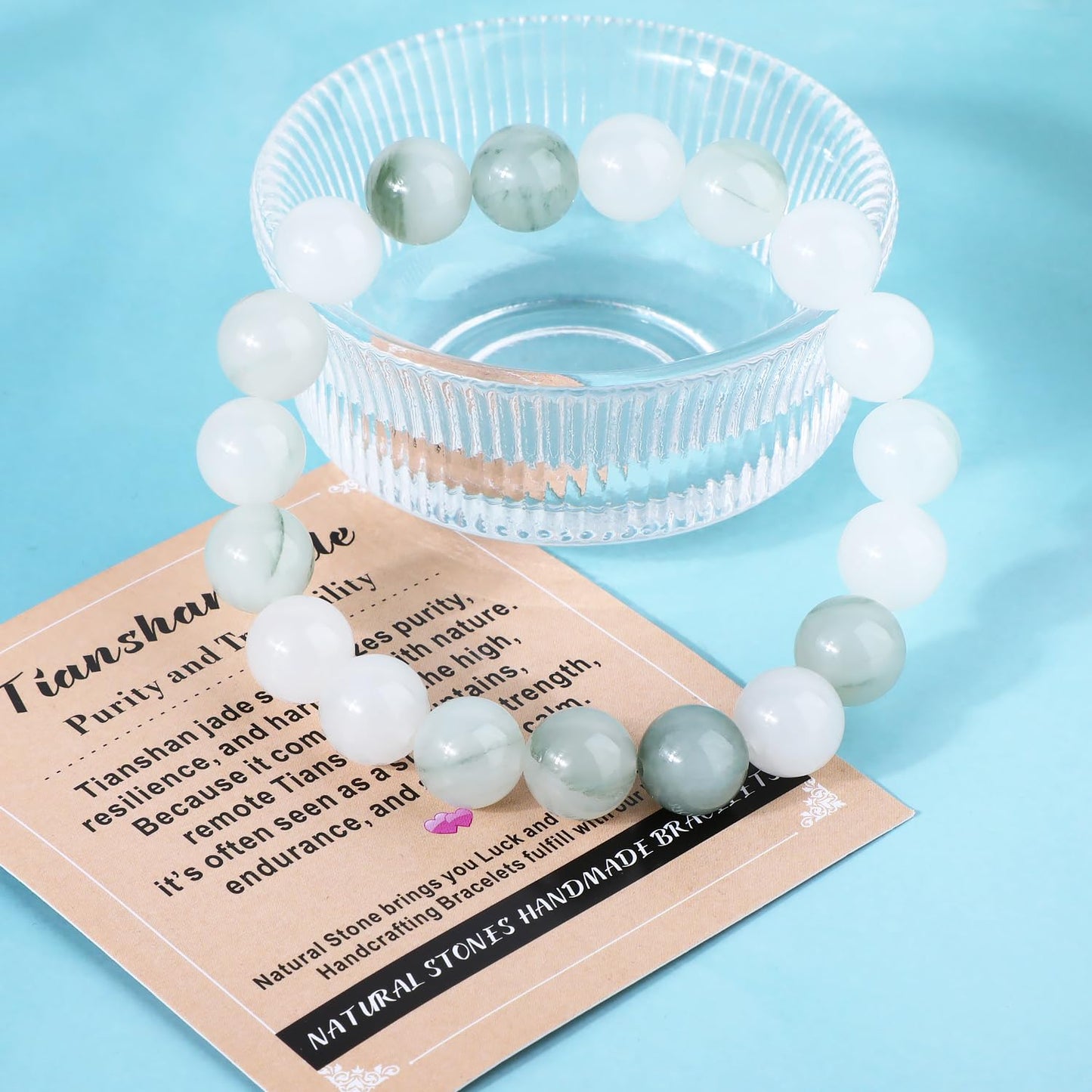 AD Beads 8mm Handmade Tianshan Jade Elastic Bracelet – Natural Gemstone for Purity and Tranquility – Meditation, Yoga, Healing and Energy Gift for Men Women
