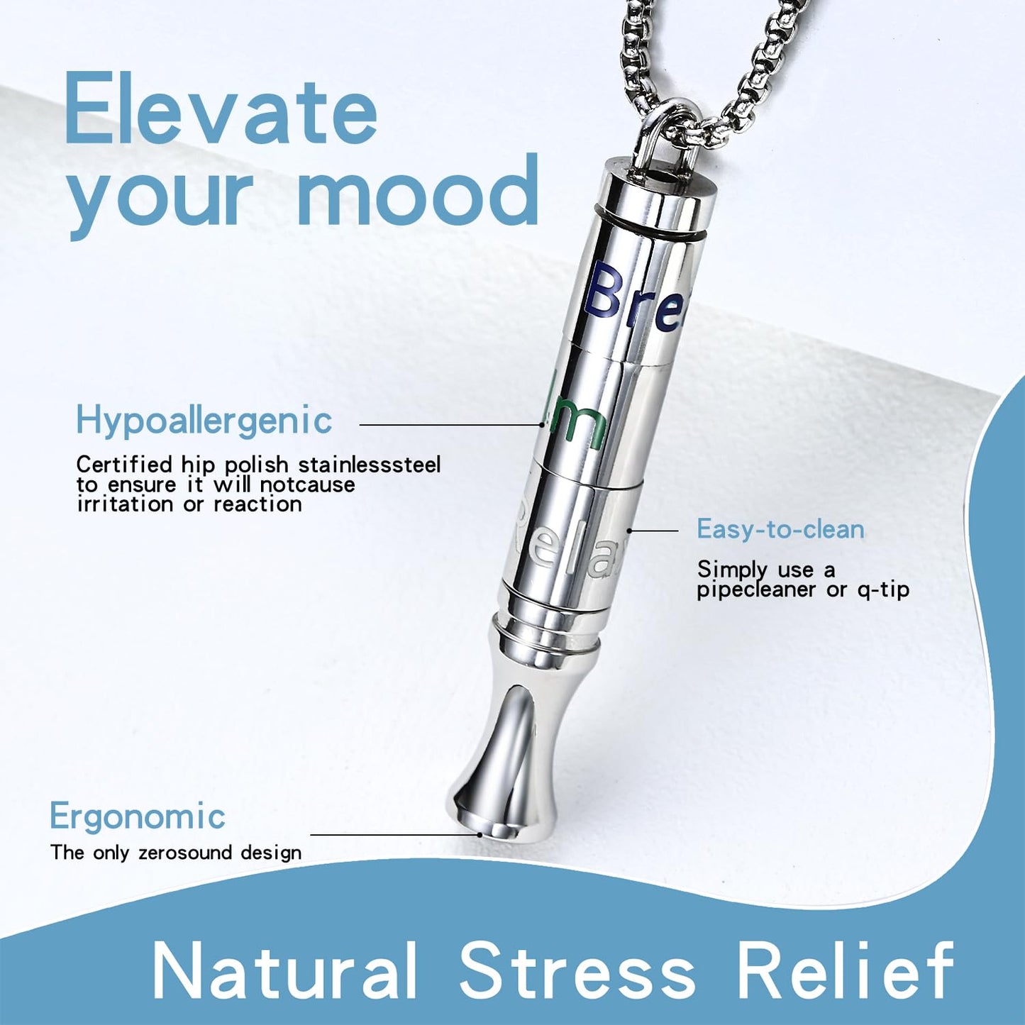 Fidget Necklace with Spinning Calm, Breathe, Relax Charms - Sensory Anxiety Relief & Deep Breathing Aid Stainless Steel Necklaces for Women Men (Steel)