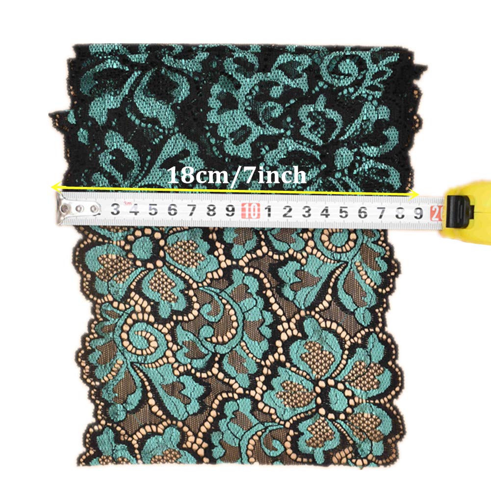 5 Yards Metallic Floral Lace Ribbon Stretch Tulle Lace Trim Elastic Nigerian African Fabric Width 7 Inch for DIY Craft Jewelry Making Clothes Accessories Gift Wrapping Wedding Party Decor (Teal)