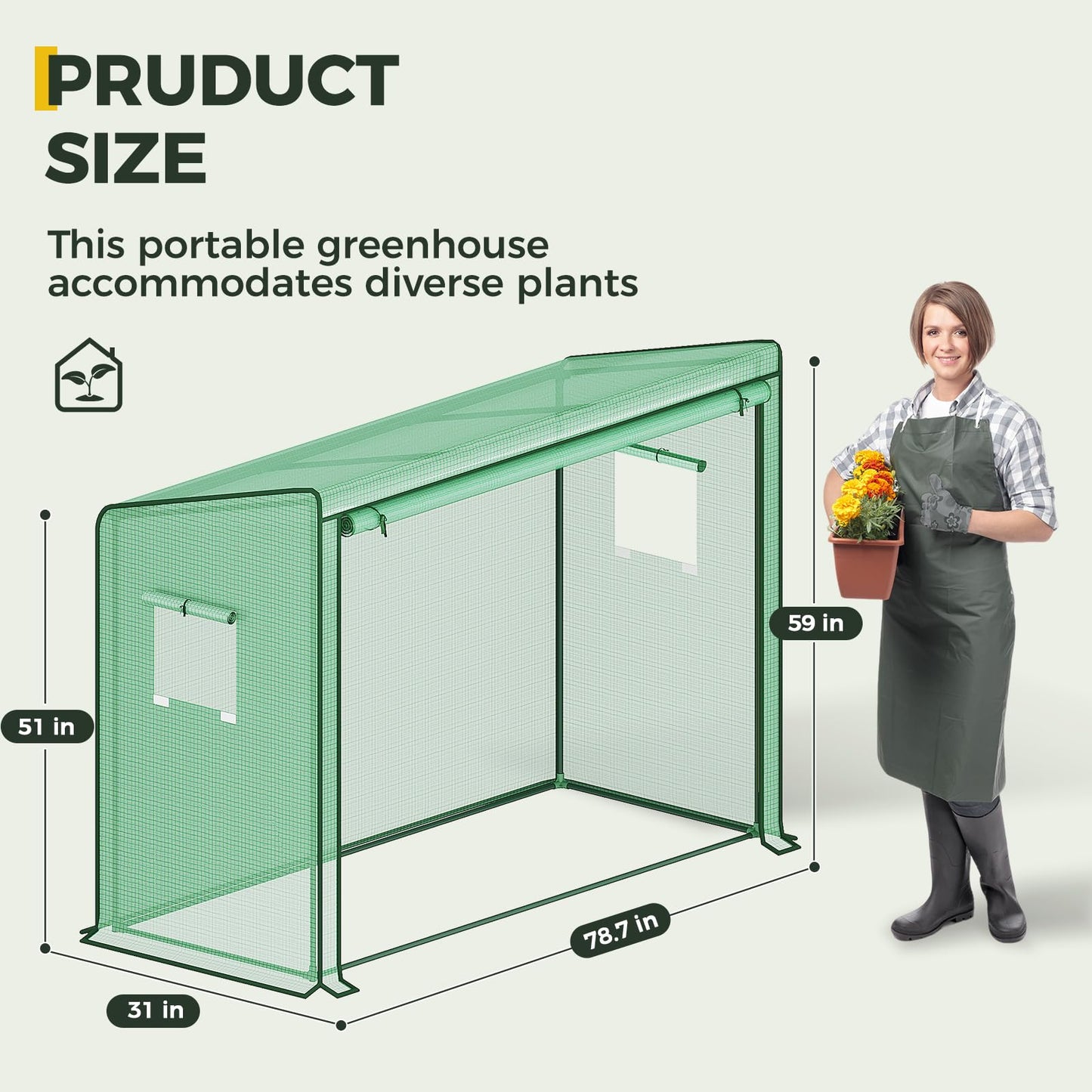 Gentingbro Lean to Greenhouse for Outdoors Portable Walk-in with PE Cover Tall Plastic for Outside with Roll-Up Zippered Door Plants Growing Shed for Backyard 79x31x59