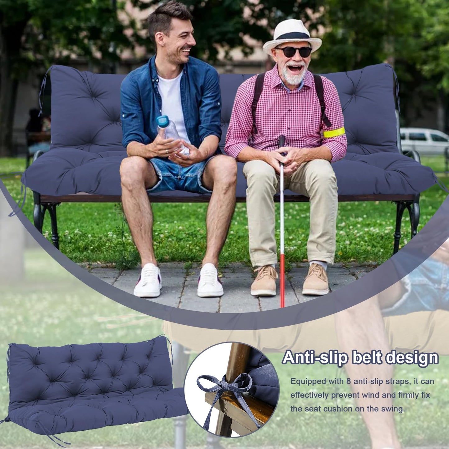 HZMGPCM Extra Thick 5" Waterproof Porch Swing Cushions Outdoor 60 inch Swing Cushions 3 Seater Replacement with Backrest and Ties for Outdoor Furniture Patio Bench Garden(Navy Blue)