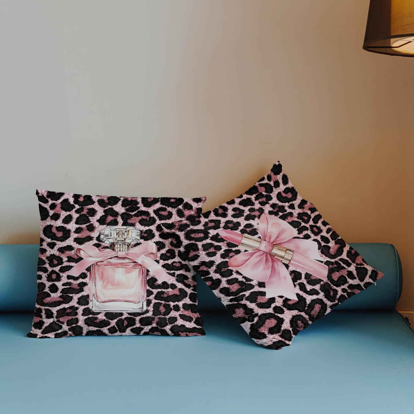 Exqcom Pink Leopard Print Pillow Covers 18x18 Set of 2, Preppy Room Decor Aesthetic, Coquette Girly Lipstick Perfume Cheetah Throw Pillow Covers for Girls Room Dorm Apartment Sofa Couch