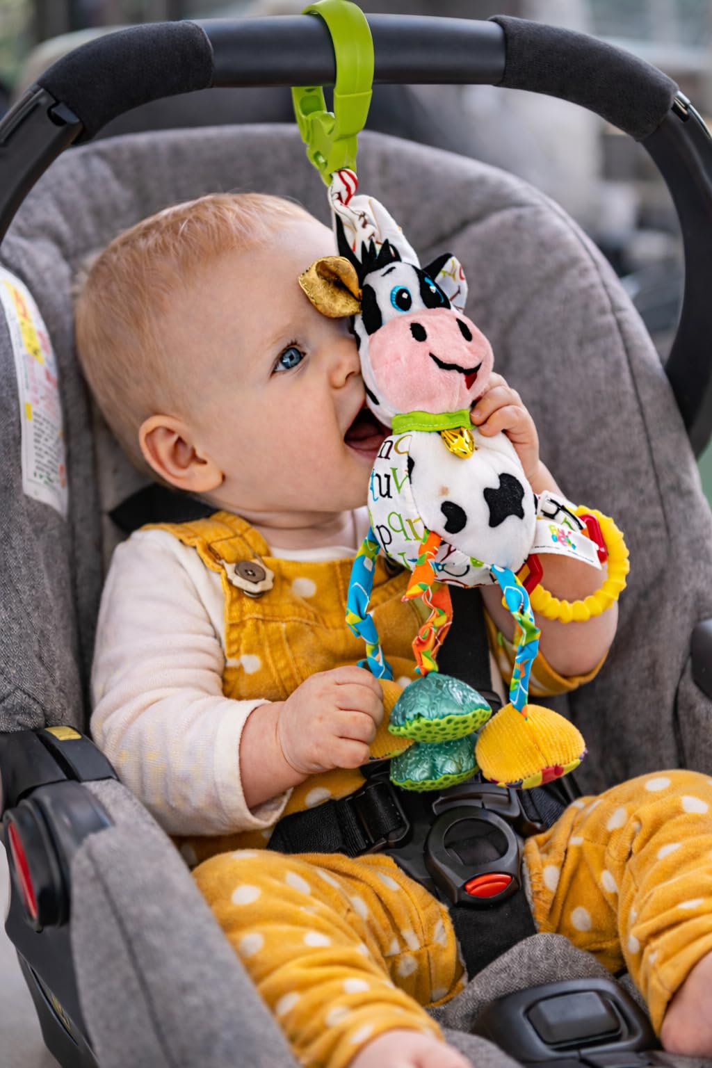 Balibazoo Caesar The Cow Hanging Toy - Developmental Sensory Rattle for Babies 0-24 Months | Vibrating Pull, Crinkle Sounds, BPA-Free Teether | Clips to Stroller, Car Seat | Soft Plush Baby Toy