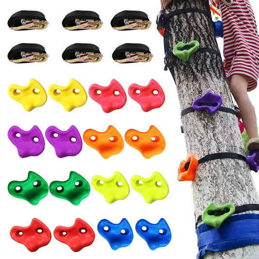 KINSPORY 16PC Tree Climbing Holds and 6pc Tree Ratchet Straps Climber Kit, Oversized Pig Nose Climb Rock Holds Kit for Outdoor Ninja Warrior Obstacle Course Training