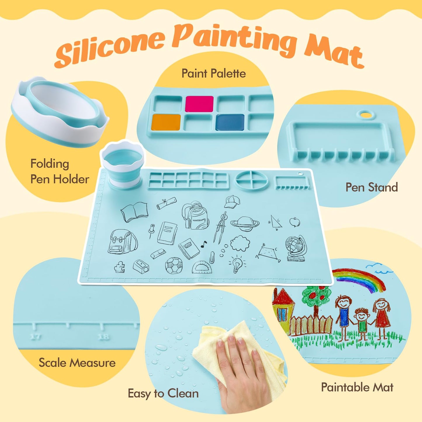YOKUGO Kids Art Easel with Paper Roll, Desktop Painting Easel Wooden Tabletop Paper Roll Dispenser with Blue Silicone Painting Mat & Puzzle, Table Top Art Kit for Kids & Toddlers