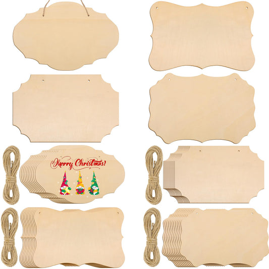 40 Pcs Unfinished Wood Sign Blank, 4 Style Rectangular Wooden Plaques with Hanging Ropes for DIY Painting, Crafts, Home Door Wall Art and Holiday Decor, 9 x 5.91 Inch