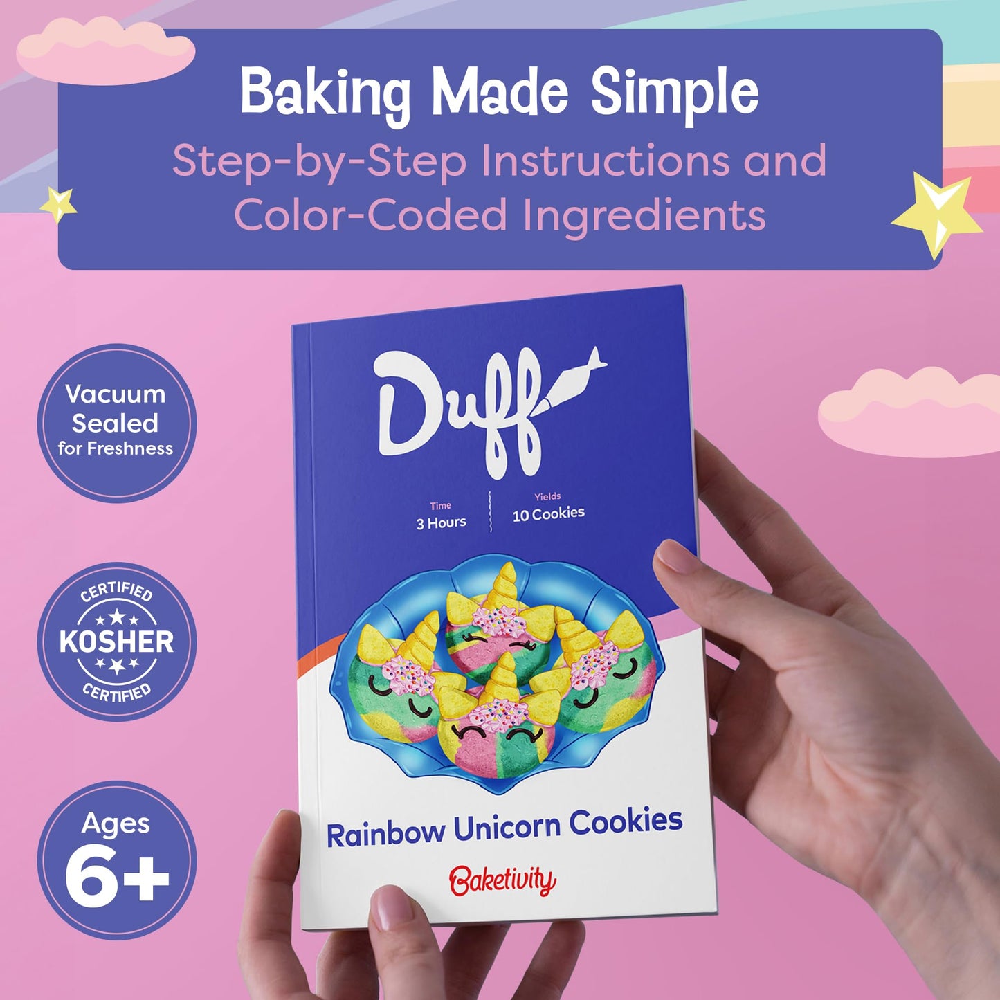 Baketivity x Duff Goldman Unicorn Cookies - Kids Baking Kit - Cooking Kits with Premeasured Ingredients, Decorating Supplies, STEM Activities - Kids Baking Sets for Girls, Boys Ages 6-12