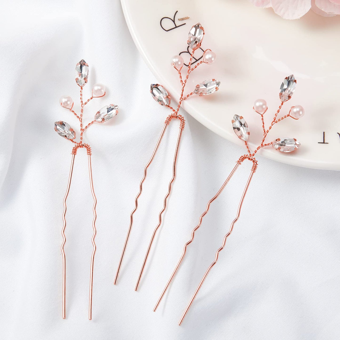 Syhood 6 Pieces Pearl Crystal Bridal Hair Pins Rhinestone Flower Wedding Hair Pins Prom Accessory for Women Wedding Hairstyles(Rose Gold)