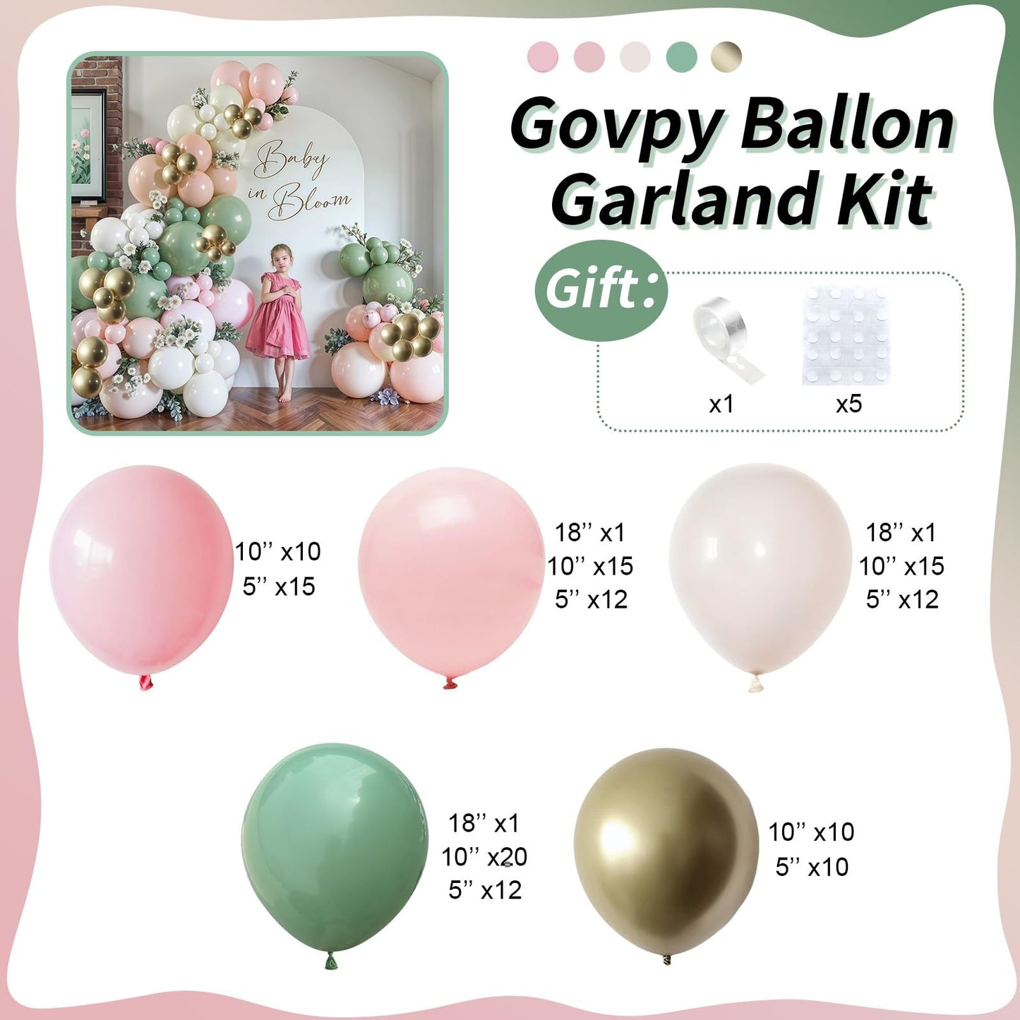 Baby in Bloom Balloon Arch Kit, 134Pcs Dusty Sage Green and Pastel Pale Pink Cream White Beige Light Gold Floral Balloon Garland for Girls Boho Baby Shower Flower Birthday Garden Tea Party Decorations