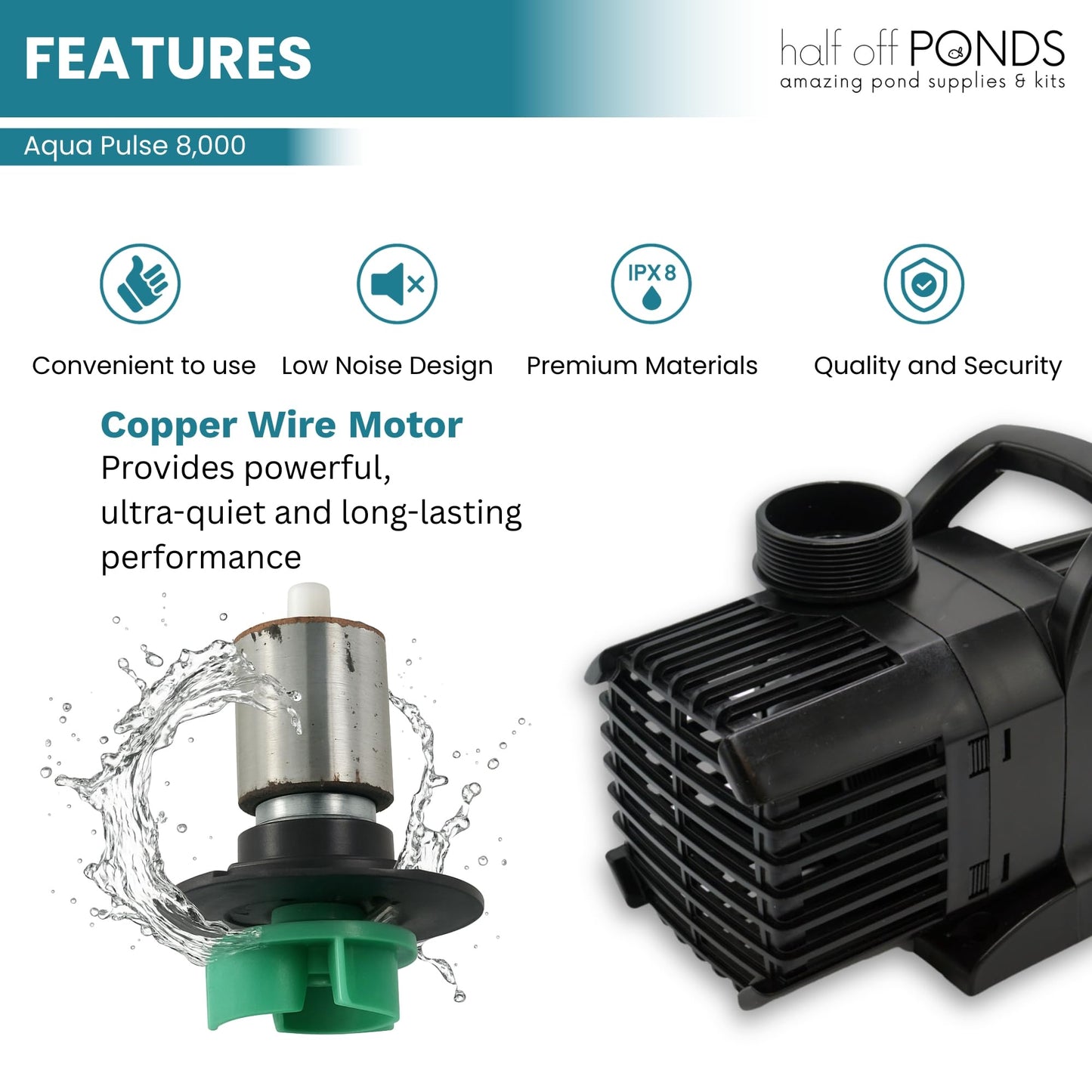 HALF OFF PONDS Submersible Water Pump, 8,000 GPH Pond Pump with 33FT Power Cord and 24FT Max Head, 540W Ultra Quiet Energy Efficient Pump for Koi Pond, Fountain, Waterfall, Water Garden, Skimmer
