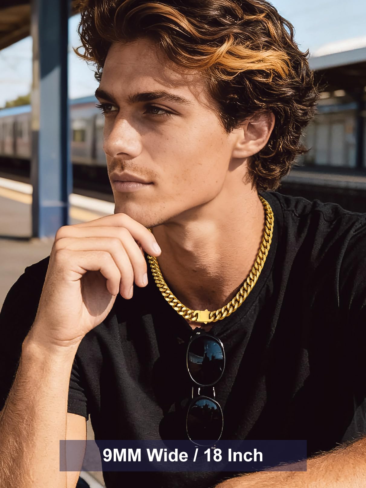 Bandmax 14K Gold Plated Necklaces for Men Gold Plated Cuban Choker Chain 9MM Miami Link Chain Necklace 20Inch Cadena de Acero Inoxidable para Hombre