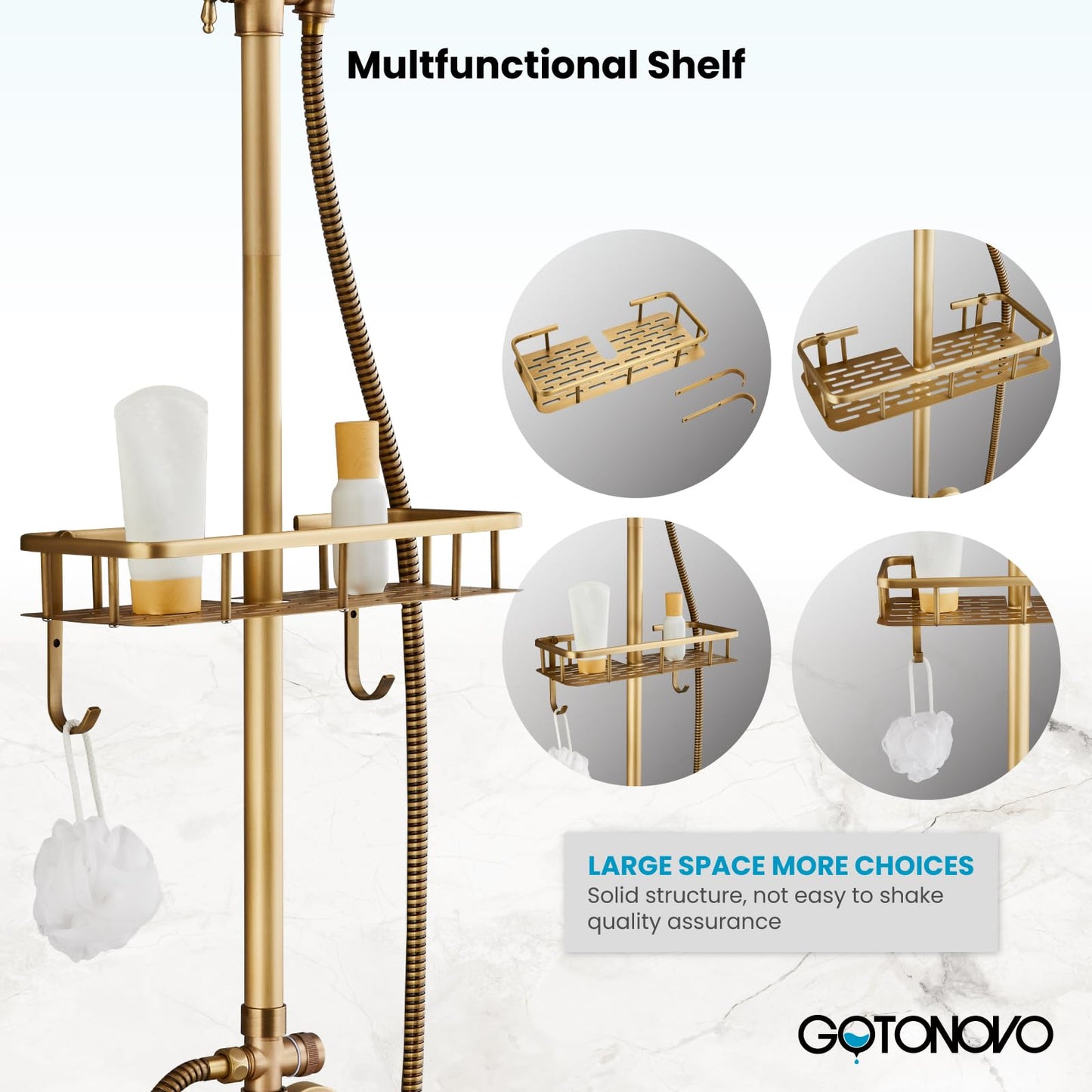 gotonovo Exposed Shower Faucet Set with Shower Shelf 8 inch Rainfall Shower Head with Handheld Sprayer Double Cross Handles Shower System Dual Functions Wall Mounted Antique Brass