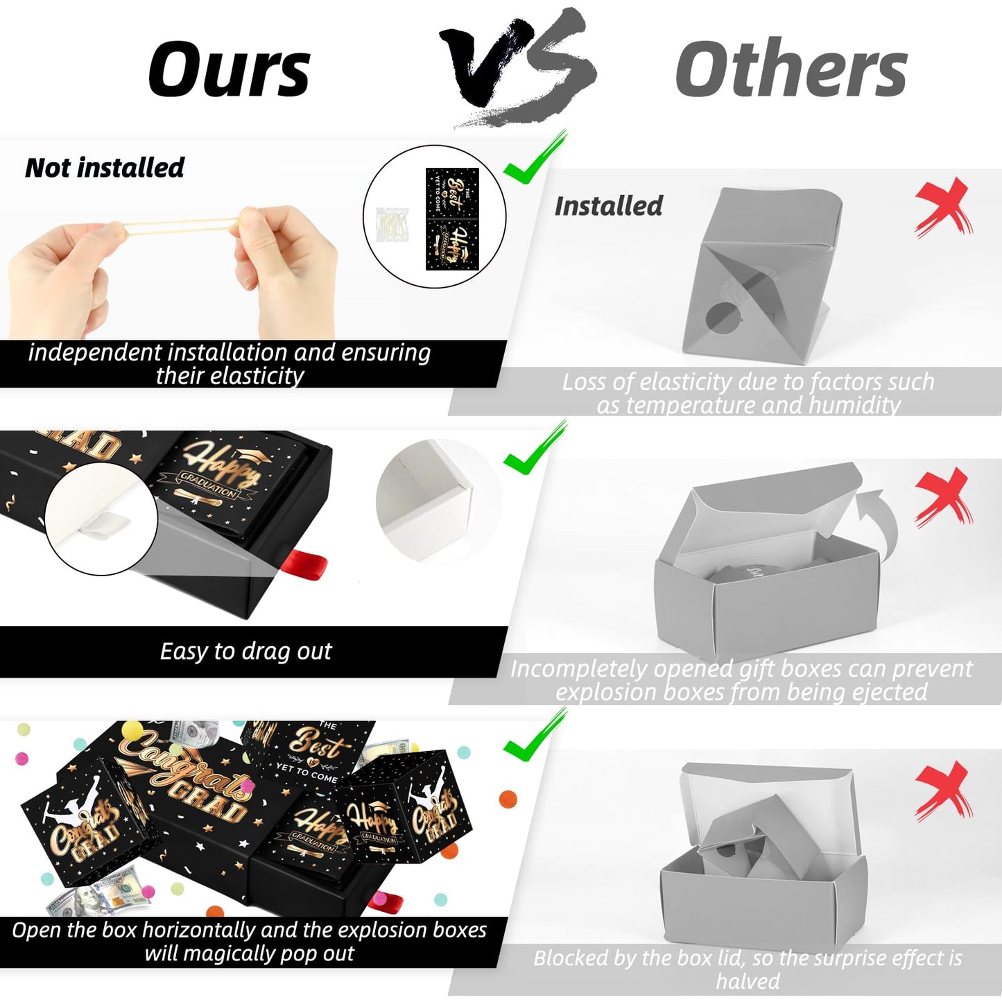 WenmthG 2026 Graduation Surprise Gift Box Explosion for Money - 10 Pcs Grad Pop Out Folding Bounce Money Gift Box with Confetti - Cash Gift Idea for Grad - Graduation Money Bank Party Supply (Black Gold)