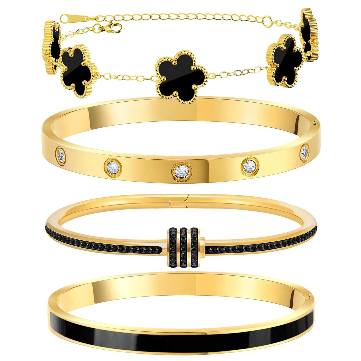 MOINSPIRE 18K Gold Plated Bracelets for Women, Stainless Steel Four Leaf Clover Tennis Nail Love Bangle Bracelets Set, Trendy Stackable Twist Cuff Bracelet Non Tarnish Jewelry Gifts for Christmas