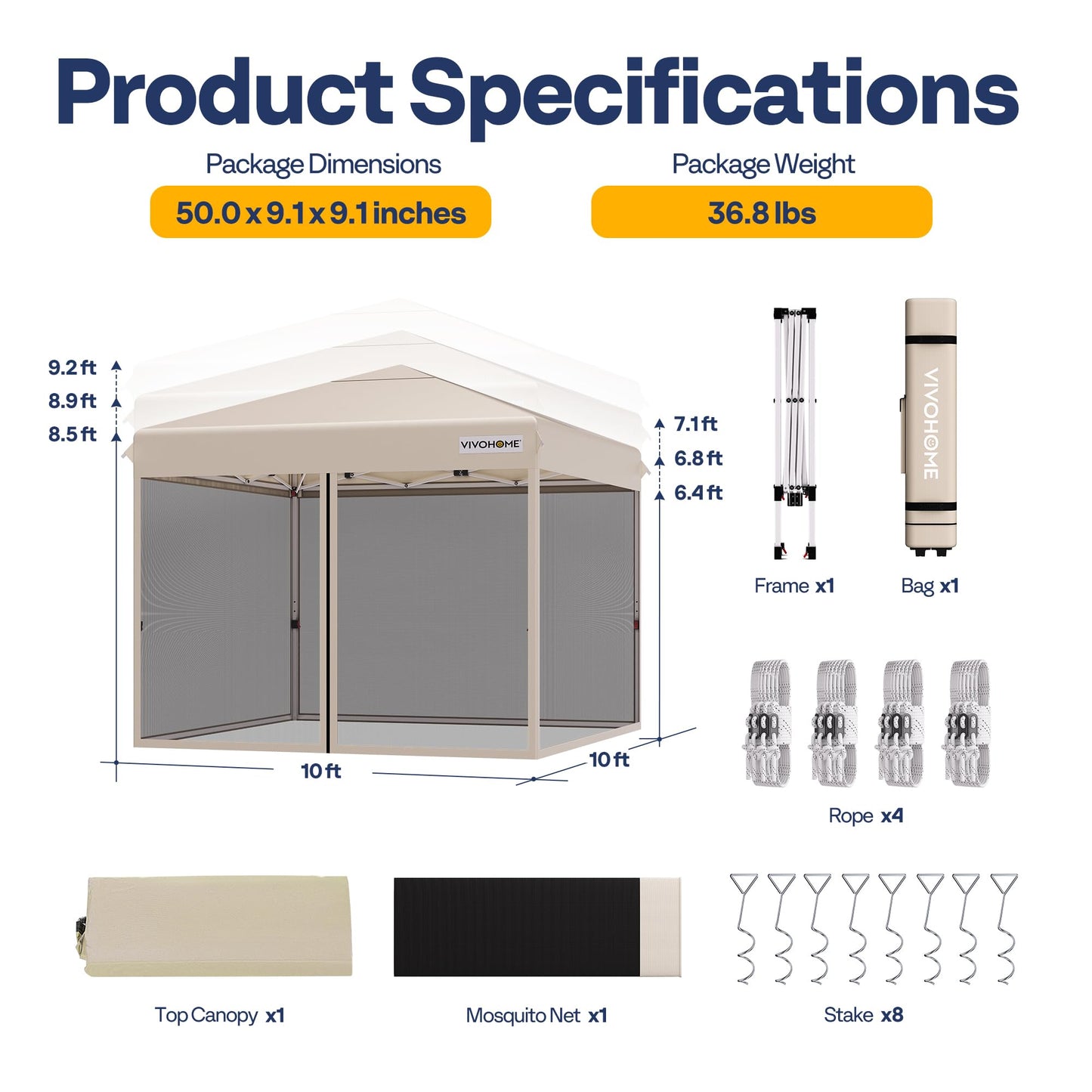 VIVOHOME 10x10ft Easy Pop-Up Canopy, Outdoor Screen Tent with Mosquito Netting, 2 Zipper Doors, and Roller Bag for Yard Camping Picnic Party Events, Beige