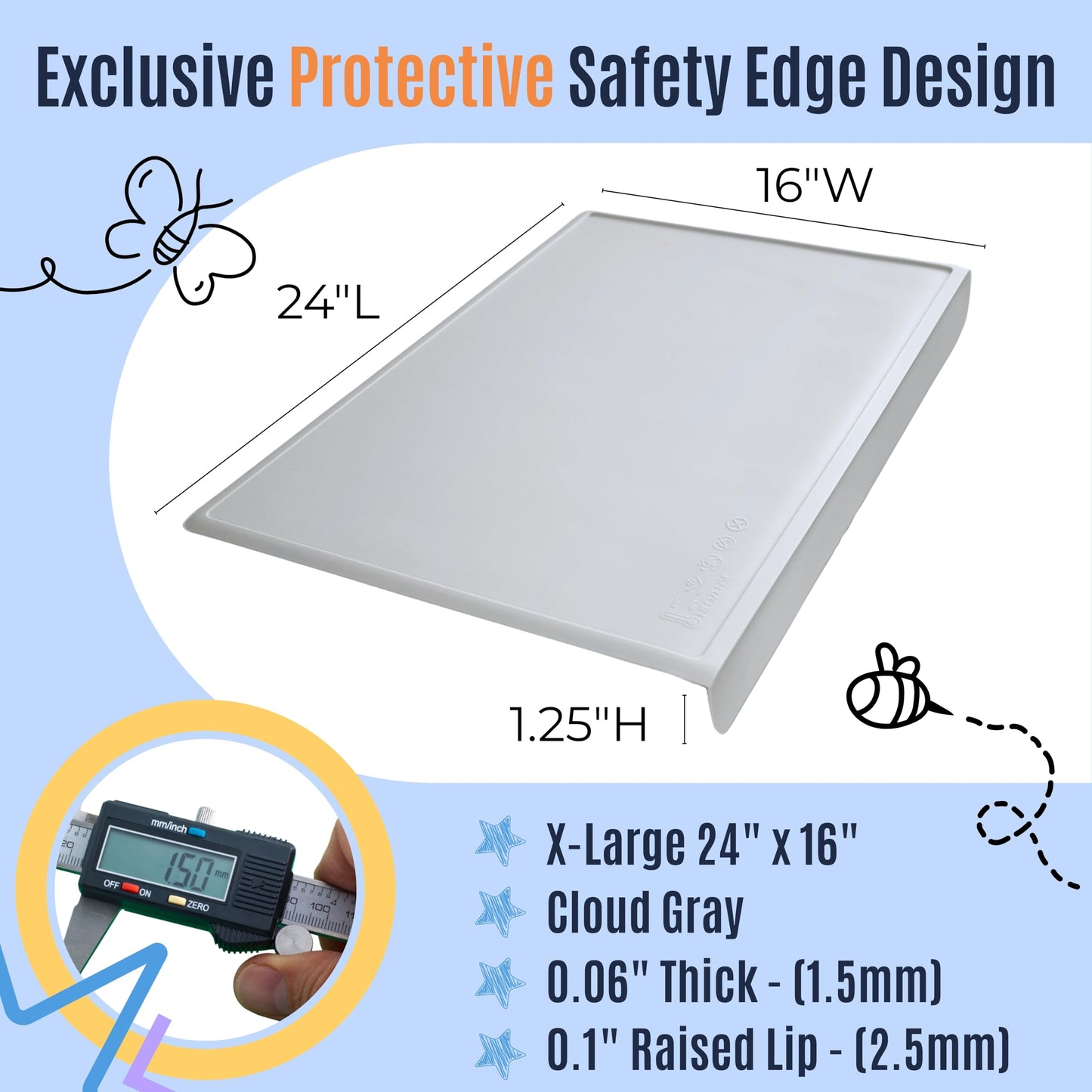 Silicone Craft Mat for Painting, PlayDoh and Art Projects with Angle-Protective Safety Edge – Toddlers & Kids Placemat – Non-Slip & BPA-Free Food Mat – 1.5mm Thick, 24"x16", Cloud Gray