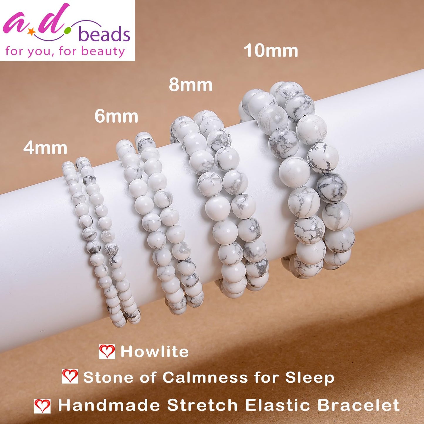 AD Beads Handmade Gemstone Stretch Elastic Bracelet Crystal Healing Reiki Nature's Beauty and Spiritual Essence Unisex (4mm, Howlite (Calmness for Sleep))
