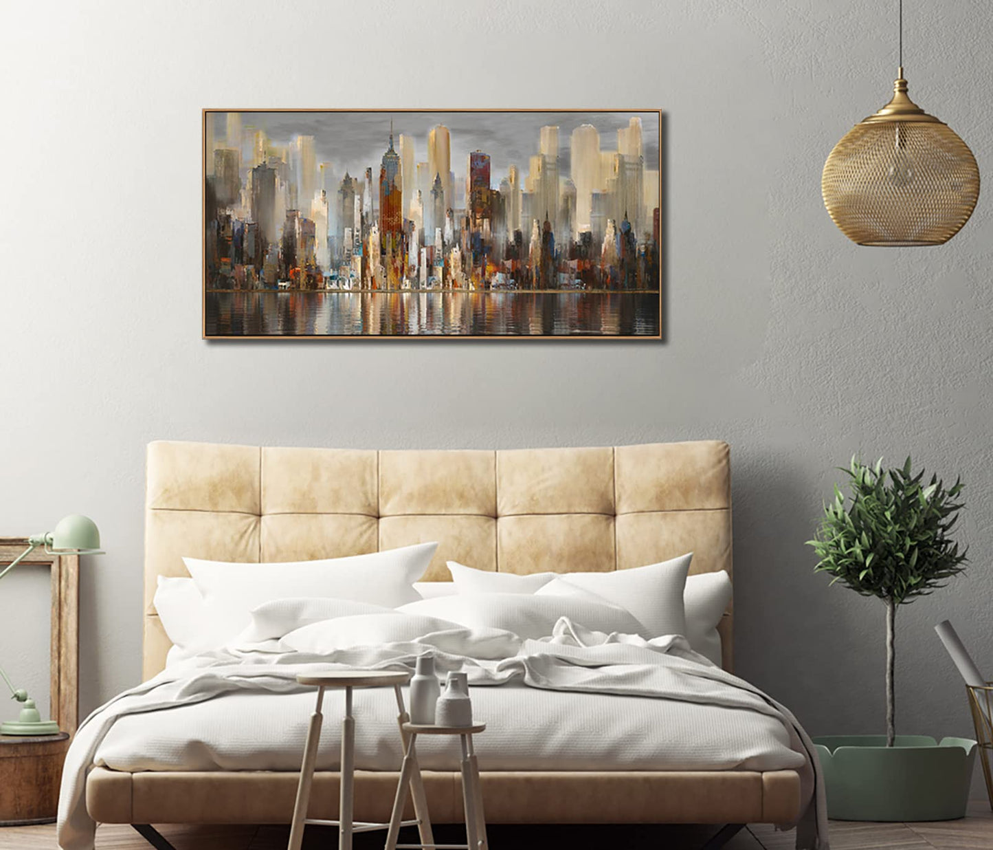 Mofutinpo Abstract Modern Canvas Wall Art for Living Room Cityscape New York Wall Decor City Theme Paintings Brown Framed Pictures Office Artwork Wall Decor Bedroom Above Bed