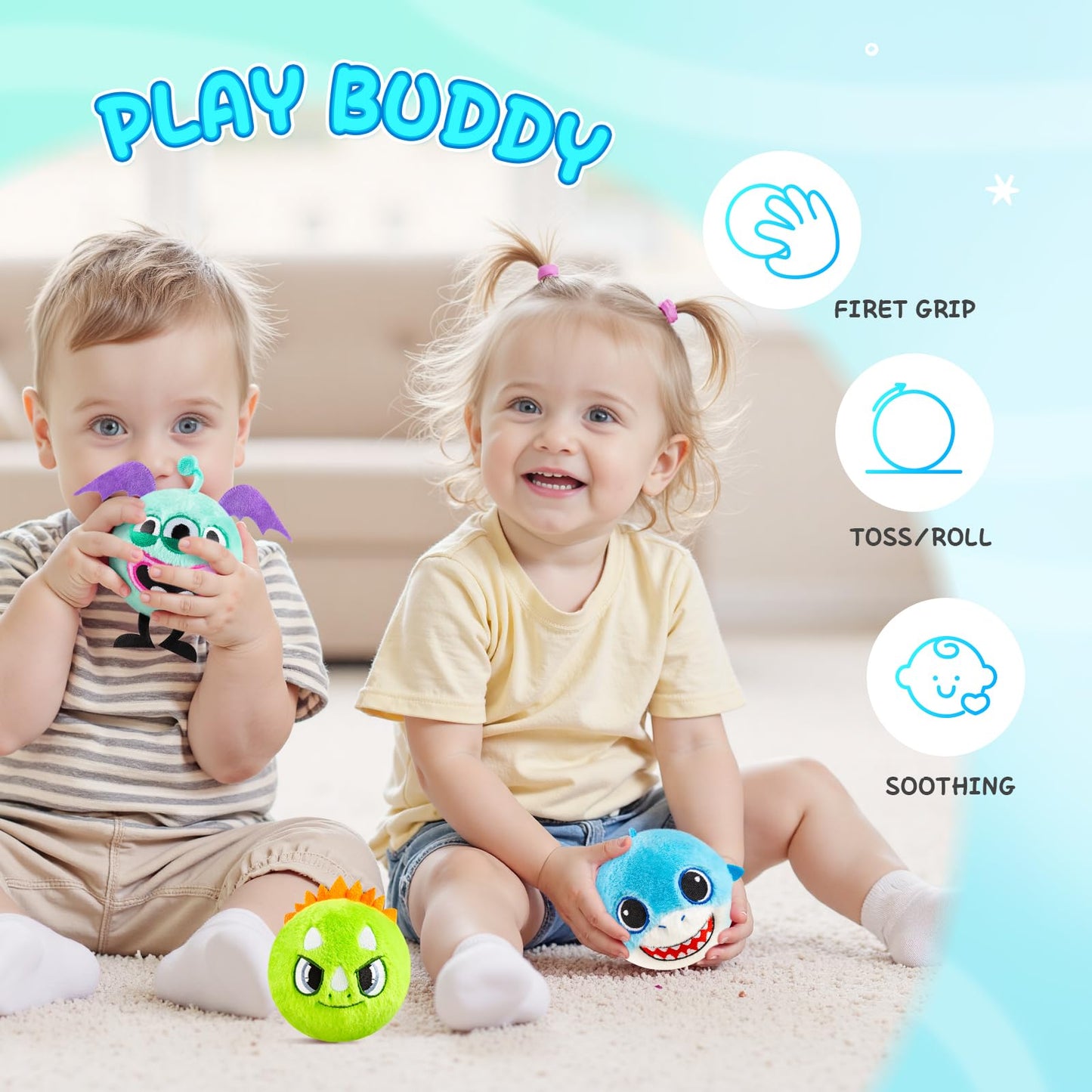 ZOOJOY 3 Pcs Plush Bouncy Balls for Toddlers 1-3, 3-Inch High Bounce Sensory Toys Featuring Dinosaur, Shark & Monster, Soft Game Balls Gift for Boys 6 Months+, Indoor & Outdoor Play