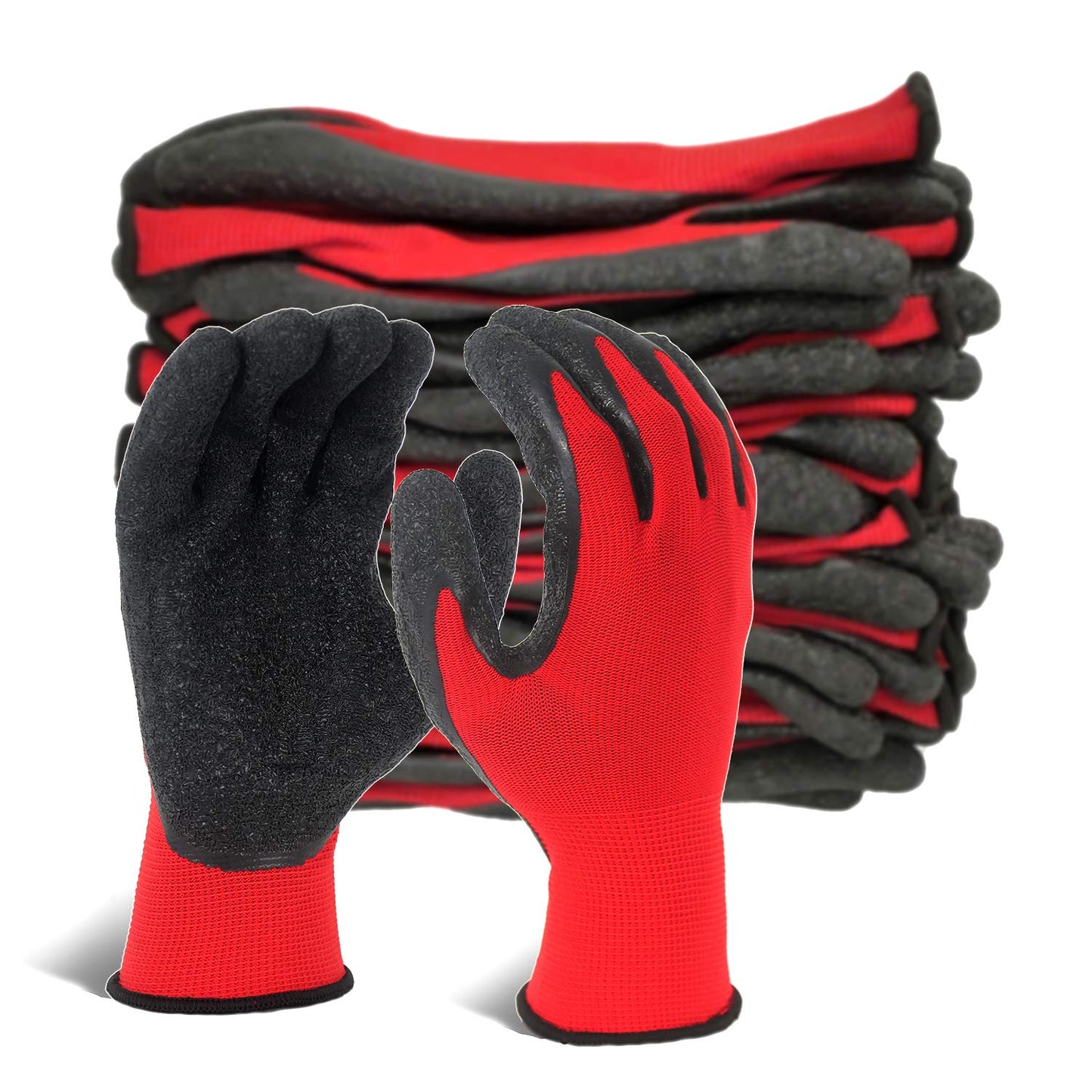 Evridwear Crinkle Latex Rubber Hand Coated Safety Work Gloves for Men Women General Multi Use Construction Warehouse Gardening Assembly Landscaping,Red Large 12 Pairs Pack